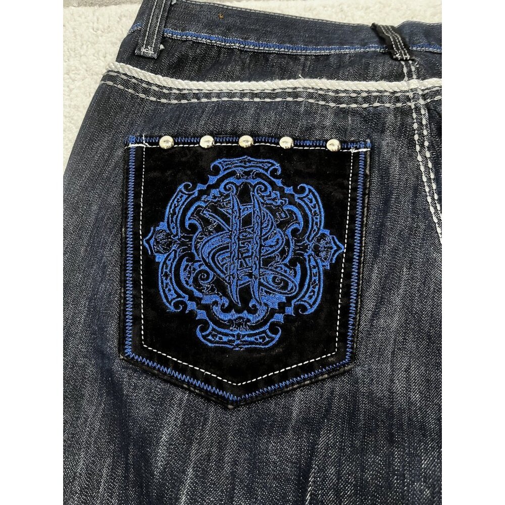 Men's Ak:Cess Akcess Dark Wash Baggy Y2K Embellished Denim Jeans Size 36x32 - Picture 15 of 16
